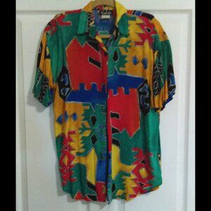 Vintage 90s Caliche Bright Colorful 100% Rayon Abstract Button Down Shirt Size S